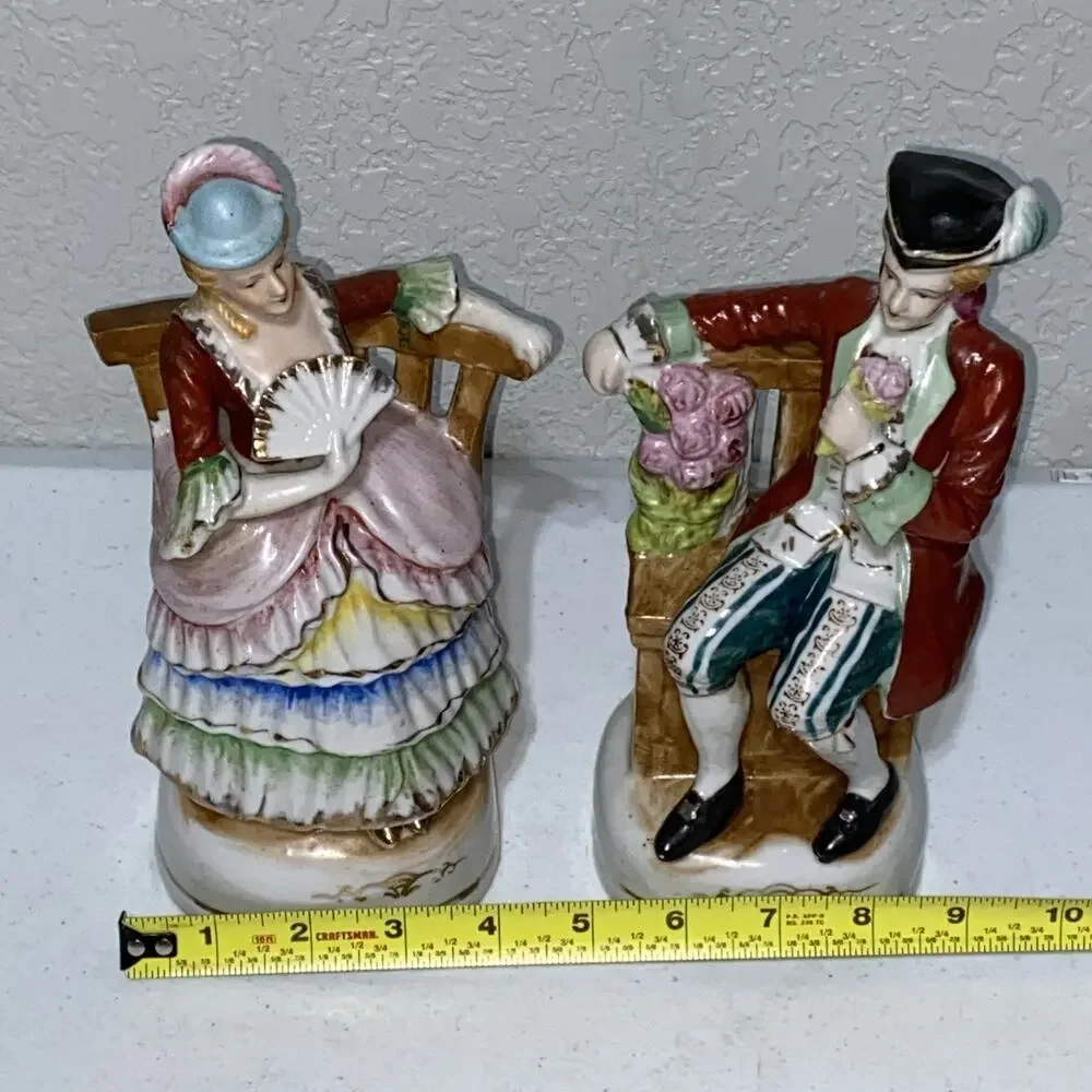 VTG Made In Occupied Japan Seated Man Woman Victorian‎ Couple Figurine Pair 9”